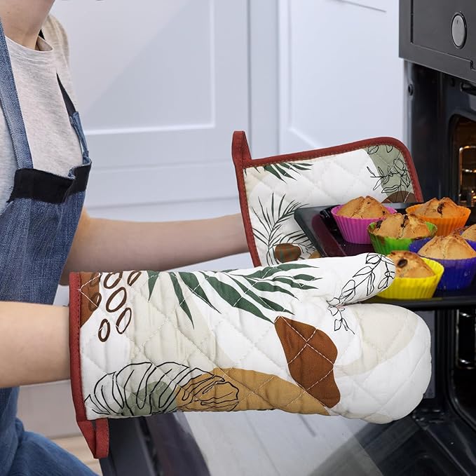 Boho Leaf Oven Mitts and Pot Holders Sets 2Pcs, 100% Cotton Heat Resistant - Image 6