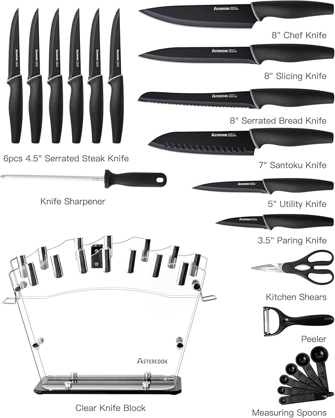 Astercook Knife Set with Block and Sharpener, 22 Piece Kitchen Knife Set - Image 8