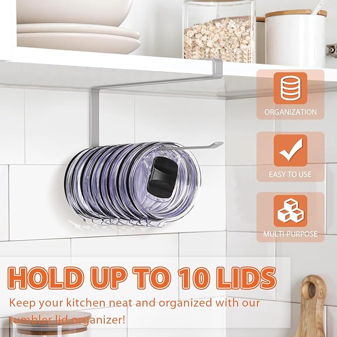 Tumbler Lid Organizer, Horizontal Tumbler Lid Storage Hook Up to 10 Lids - Image 2