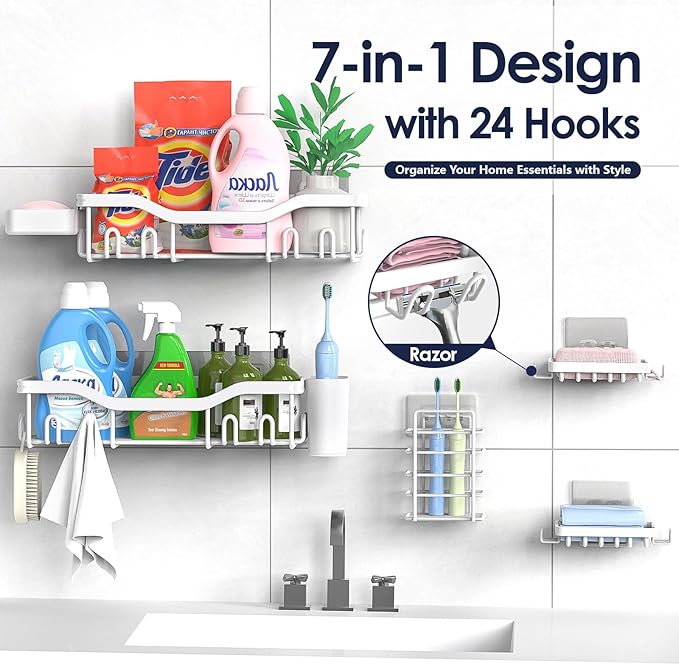 NESOMI Shower Caddy Adhesive Shower Organizer 7-Pack, Rustproof Stainless Steel - Image 4