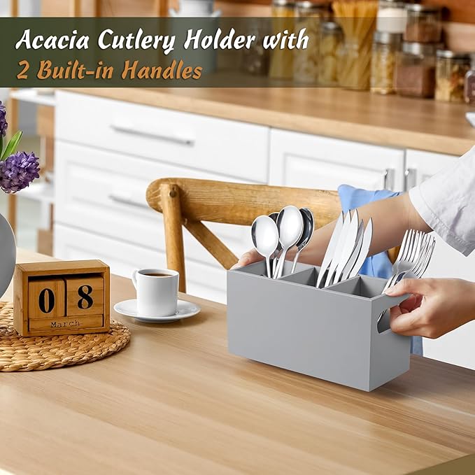 DRASTAR Wooden Silverware Caddy, Flatware Cutlery Holder, Kitchen Utensil Holder - Image 2