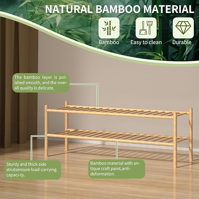 ROMGUAR CRAFT 2-Tier Bamboo Long Shoe Rack, Free Standing Wood Shoe Shelf - Image 5