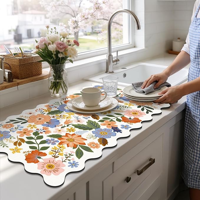 LOKHOM Scalloped Floral Dish Drying Mat, Cuttable Hide Stain Non-slip Drying Mat - Image 8