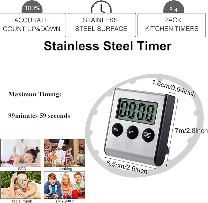 4 Pack Digital Kitchen Timer Magnet, Stainless Steel Cooking Timers - Image 2