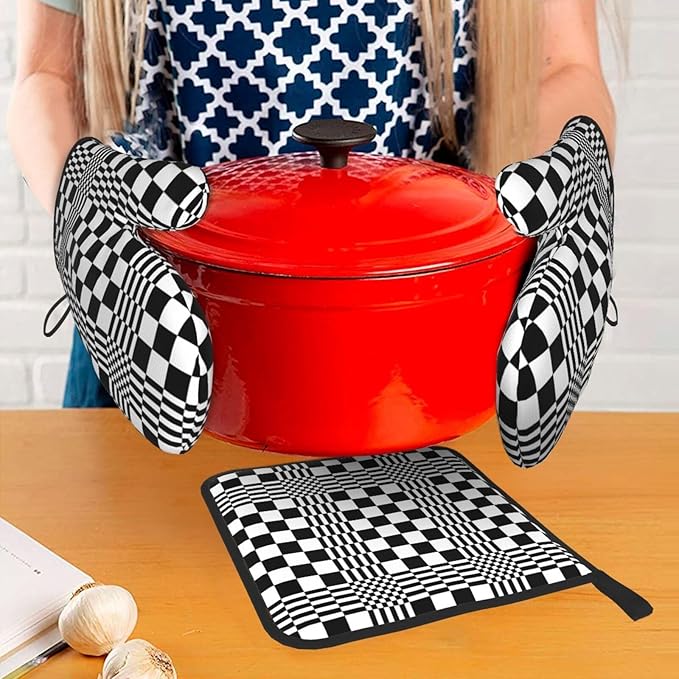Black and White Optical Illusion Checkered Oven Mitt & Pot Holder Set - Image 3