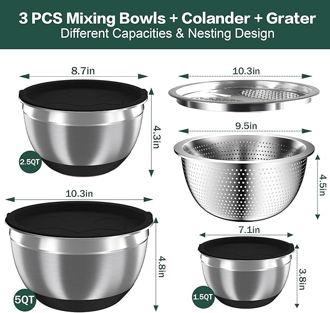 Nicdiet Mixing Bowls with Airtight Lids, Stainless Steel Mixing Bowl Set with 3 - Image 7