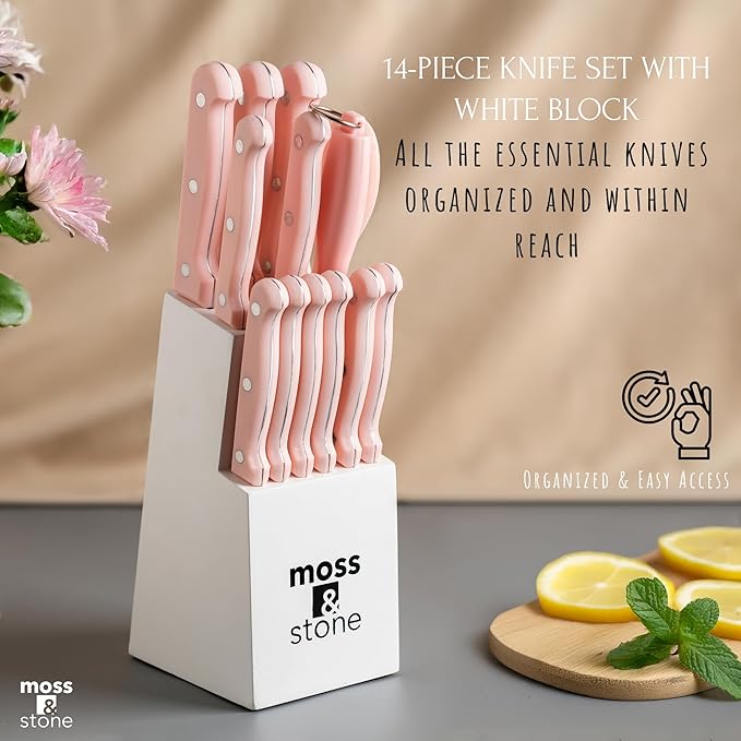Moss & Stone Pink 14 Pcs Knife Block Set Stainless Steel, Premium Forged - Image 5