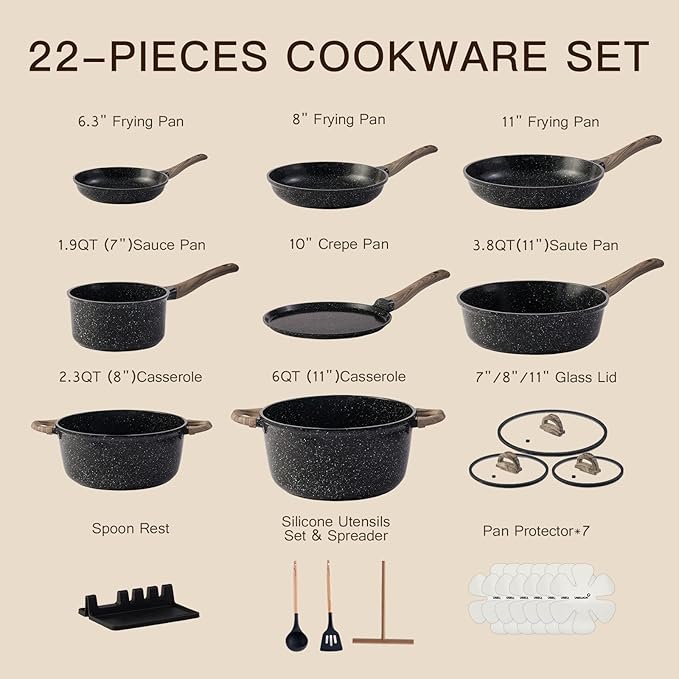 Pots and Pans Set Nonstick 22 Pcs, Ceramic cookware set Non-Toxic Coating Inky - Image 2