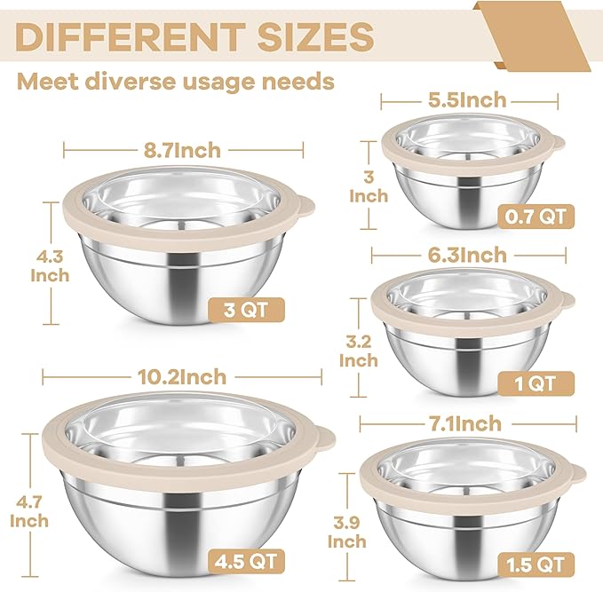 TeamFar Mixing Bowls, 4.5/3/1.5/1/0.7 QT Stainless Steel Nesting Salad Bowls - Image 2