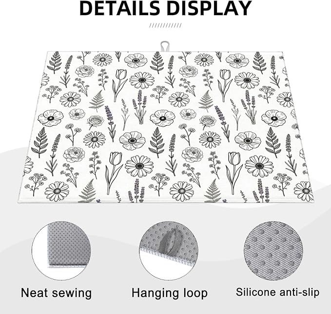 Black and White Floral Aesthetics Dish Drying Mat, - Image 7