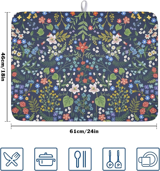 Flower Floral Dish Drying Mat 18x24 inch Microfiber Navy Blue Drying Mats - Image 2