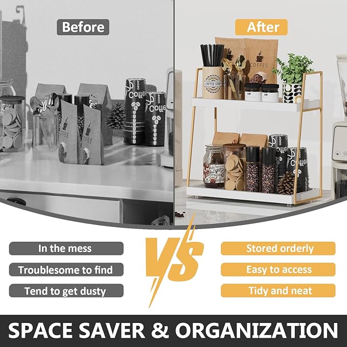 Coffee Bar Organizer for Countertop, 2 Tier Wooden Shelf for Coffeebar - Image 4