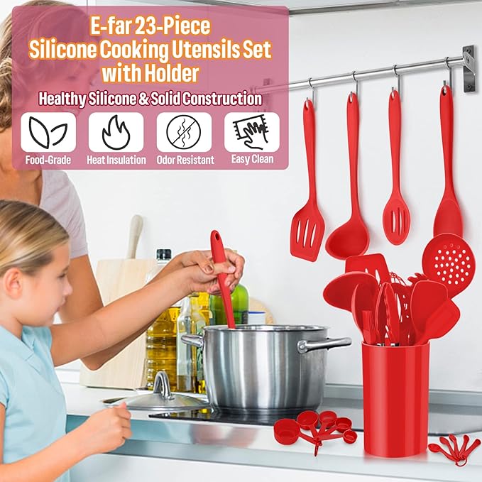 Silicone Kitchen Utensils Set, E-far 23 Pcs Red Cooking Utensils Tools - Image 6