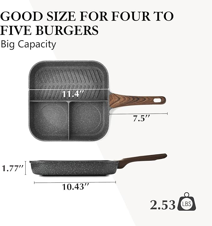 Sensarte Nonstick 11-Inch Square Grill Pan, 3-Section Versatile Breakfast - Image 7