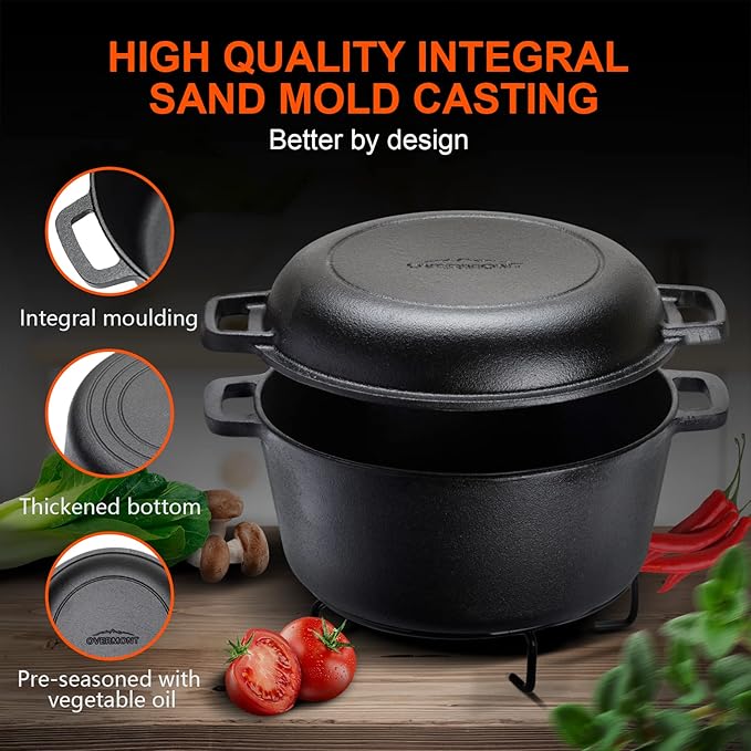 Overmont 2-in-1 Cast Iron Dutch Oven - 5QT Pre-Seasoned All-in-One Casserole - Image 8