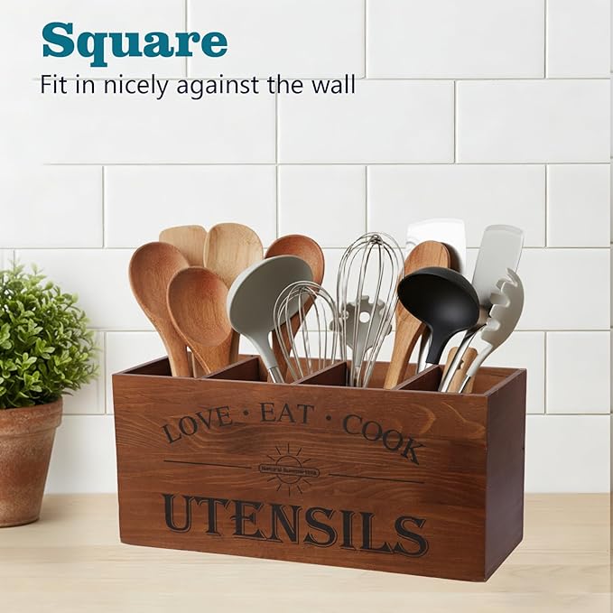 2 PC Wooden Utensil Holder, （With 4-Compartments size*1 + 3-Compartments - Image 5
