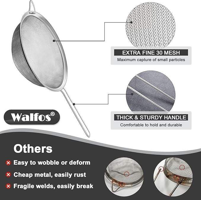 Walfos Fine Mesh Strainer Set of 3, Stainless Steel Wire Strainers - Image 7