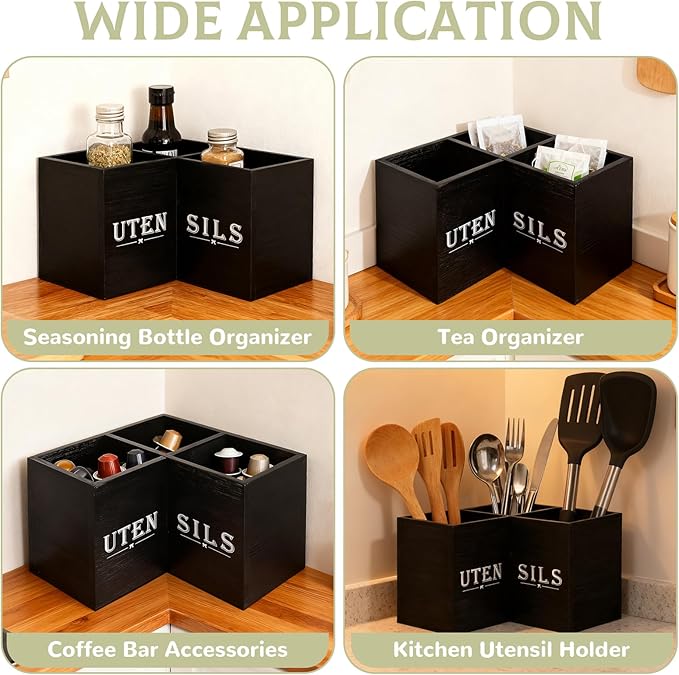 Kitchen Utensils Holder with 3 Compartments, Corner Utensil Caddy, Wooden - Image 6