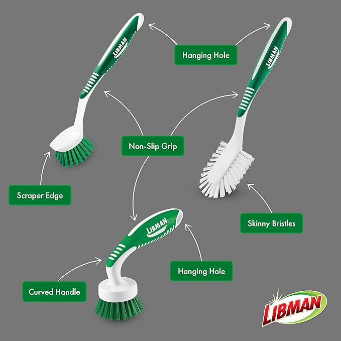 Libman Green & White Cleaning Brush Kit, 3-Piece Set, All-Purpose Brushes - Image 4