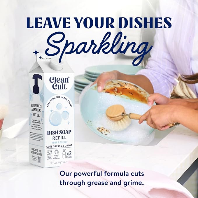 Cleancult Dish Soap Liquid Refills - Plant Based Cleaning Power - Cuts Grease & Grime - Free of Harsh Chemicals - Uses 90% Less Plastic - Free & Clear - 32 oz/3 Pack
