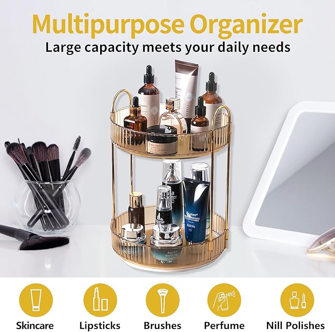 Asayuee 360 Rotating Gold Makeup Organizer, 2 Tier Large Capacity Rotating - Image 6