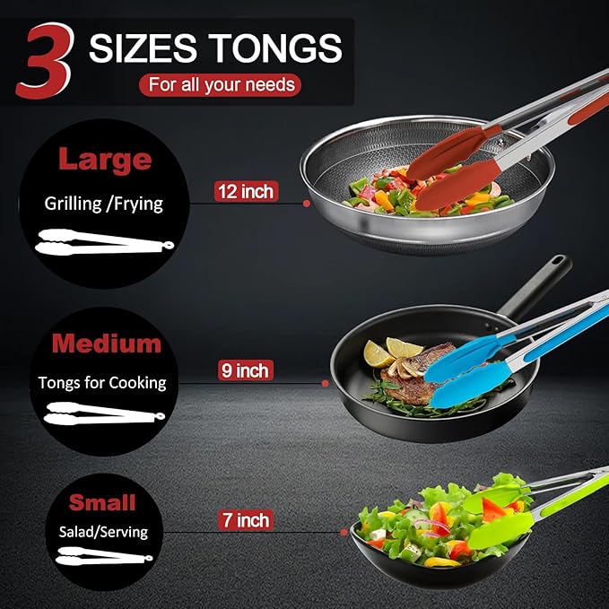 9 Pieces Silicone Tongs for Cooking 7, 12 inches Kitchen Tongs - Image 6