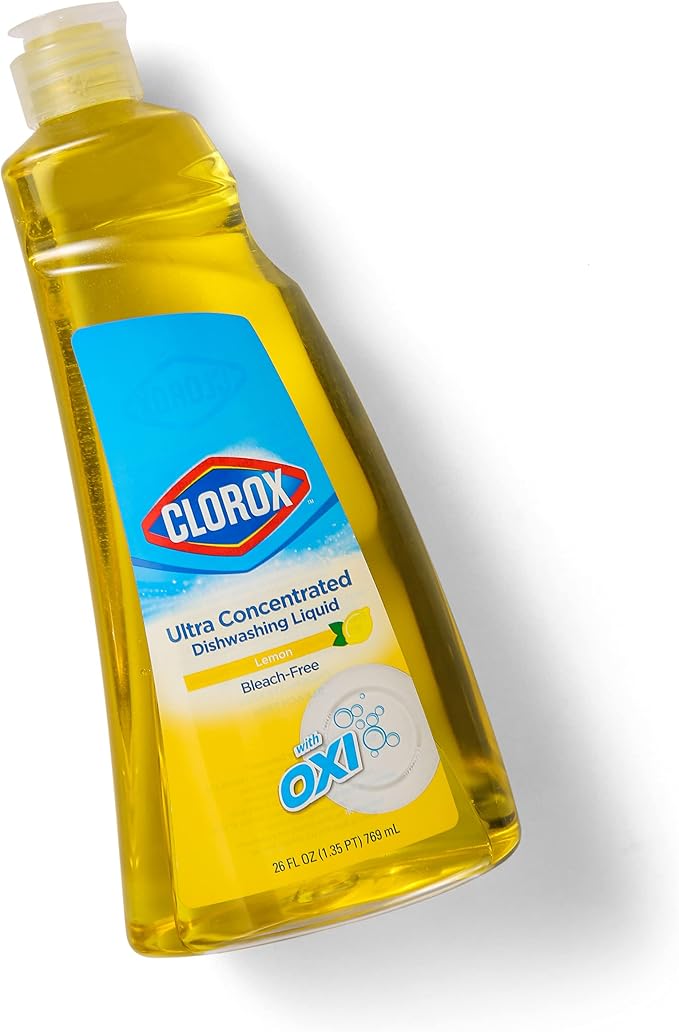 Clorox Ultra Concentrated Dish Soap with OXI, Lemon Scent, 26 Fl Oz | Bleach-free formula, dermatologist tested, cuts grease on contact, tough on baked-on stains