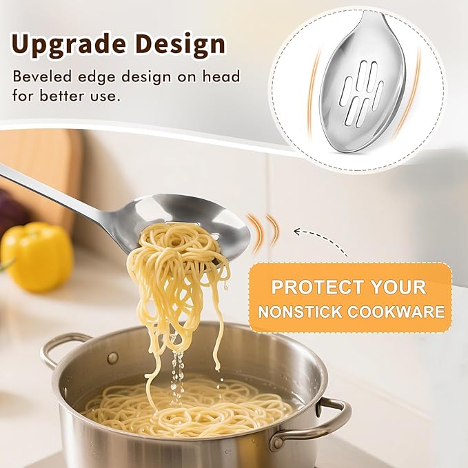 2 Pcs Stainless Steel Cooking Spoons Set, Solid & Slotted Metal Serving Spoons - Image 3