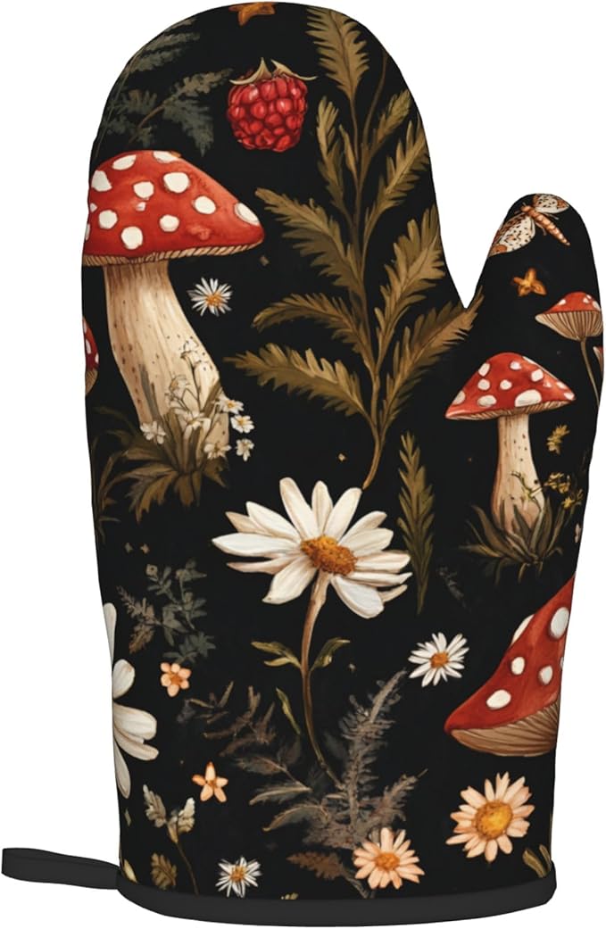 Mushroom Oven Mitt Pot Holder Set Vintage Floral BBQ Cooking Gloves - Image 8