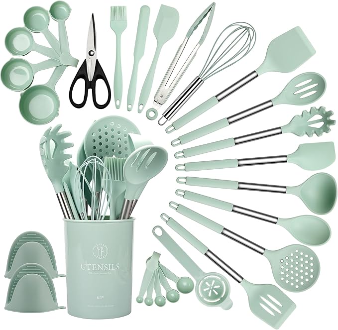 QMVESS Silicone Cooking Utensils Set, 446°F Heat Resistant Spatula, Spoons Set by QMVESS