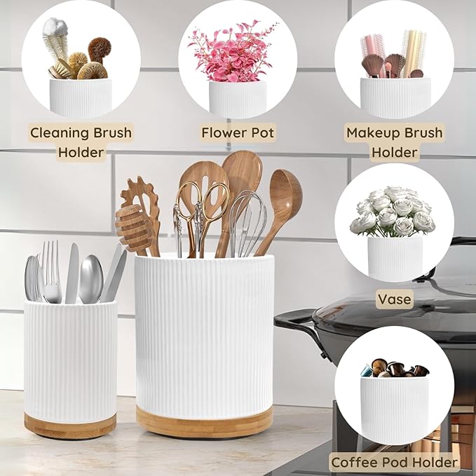 2 Pack Ceramic Utensil Holder, 7.3"+5.4" Large kitchen utensils holder - Image 5