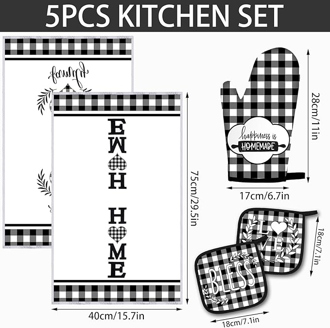 5 Pieces Buffalo Plaid Kitchen Towels Oven Mitts and Pot Holder Set Black and - Image 2