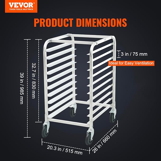 VEVOR 10-Tier Bun Pan Rack, Aluminum Racking Trolley Storage - Image 2