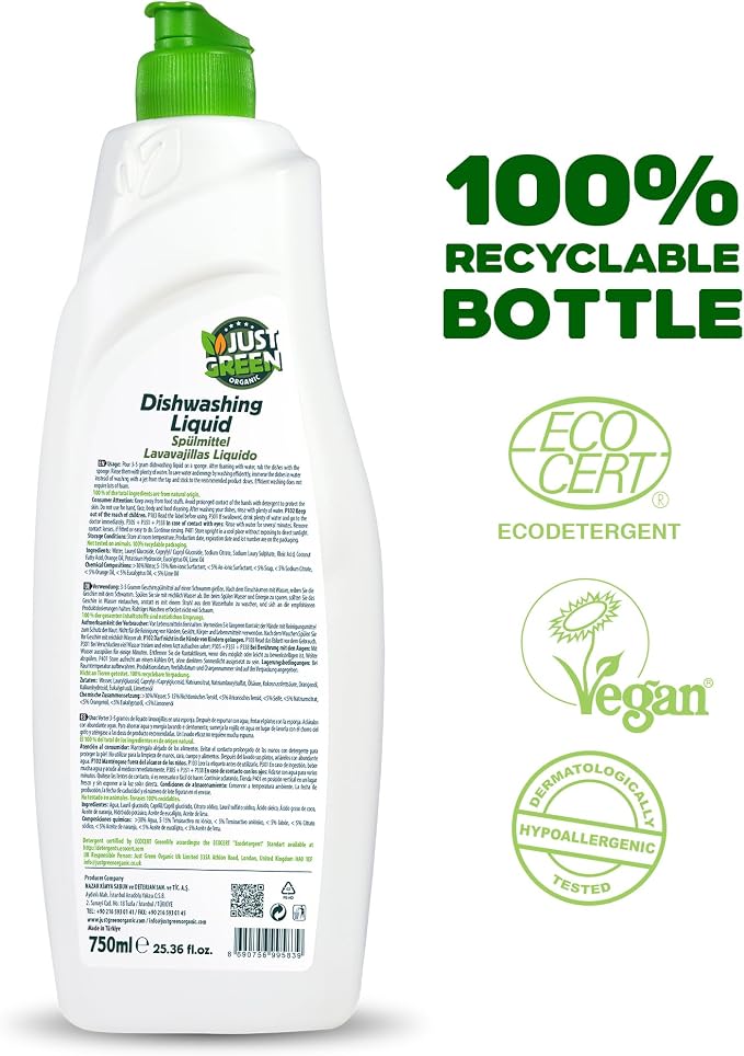 Dish Soap, Plant-Based Dishwashing Liquid, Non-Toxic, Hypoallergenic, EcoCert Certified, Vegan, Grease-Cutting, Eucalyptus & Lime Scent, 25.36 fl oz (750 ml)