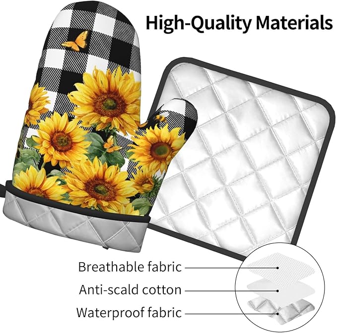 Sunflower Oven Mitts and Pot Holders Sets of 2 Buffalo Plaid Kitchen Mitts - Image 4