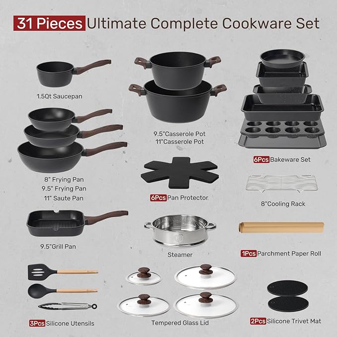 Kikcoin Pots and Pans Set Non Stick 31 Piece Kitchen Nonstick Cooking Cookware - Image 2