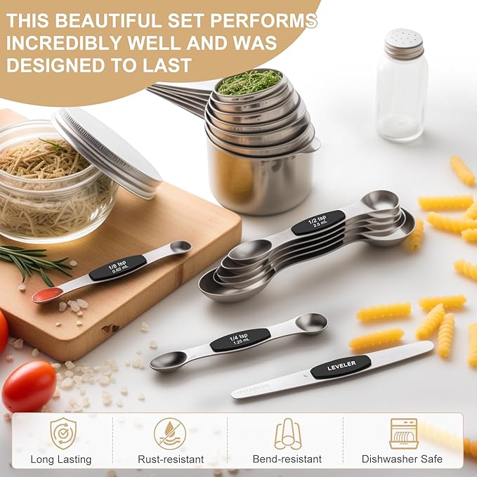 Stainless Steel Measuring Cups & Spoons Set, EWFEN Kitchen Tools Nesting - Image 3