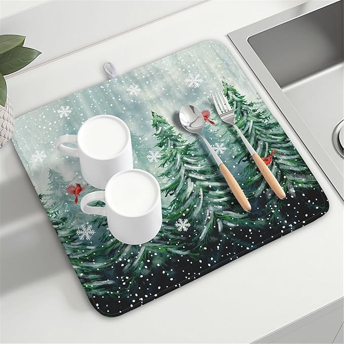 Welcome Winter Pines Tree Dish Drying Mat, Winter Snowflake Dish Drying Mat - Image 8