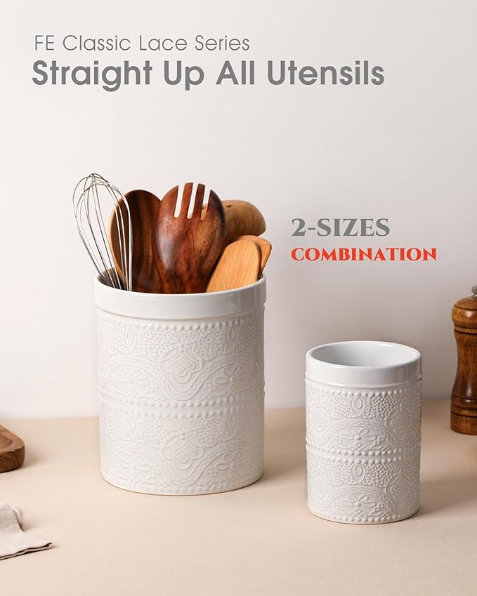 FUN ELEMENTS Kitchen Utensil Holder, 7.2+5.5" Super Large Utensil Crock Heavy - Image 5