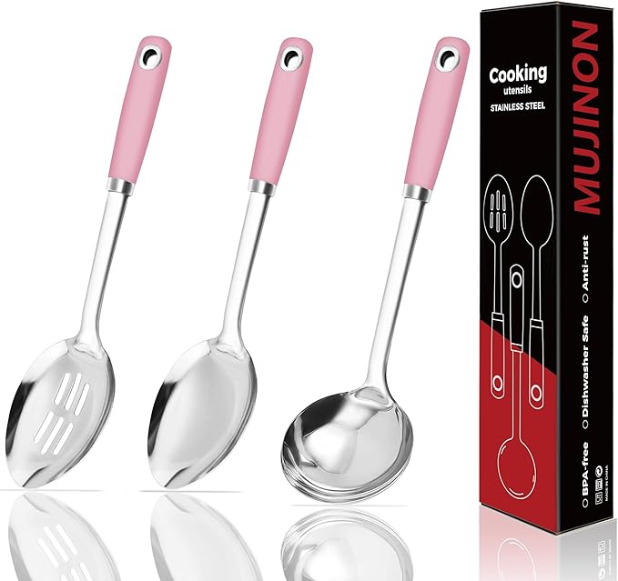 14-in Pink Cooking Spoons Set, Heavy Duty 18/0 Stainless Steel Large Serving by MUJINON