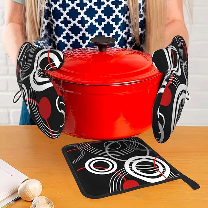 Modern Black Red Retro Oven Mitts and Pot Holders Sets of 3 Abstract Modern Hot - Image 7