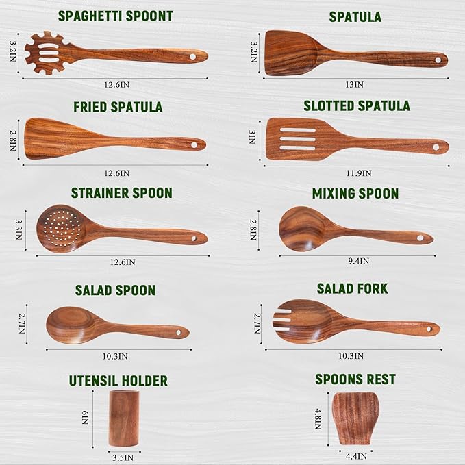 Wooden Spoons for Cooking, Natural Teak Wooden Utensils Set, 10 Piece Handmade - Image 4