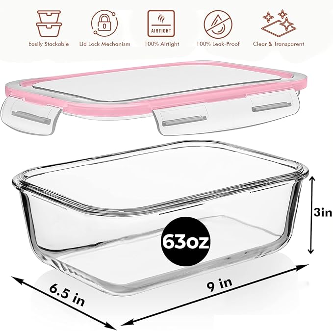 Razab 4 PC 1860ml / 63 Oz / 8 Cups Large Glass Food Storage Containers - Image 3