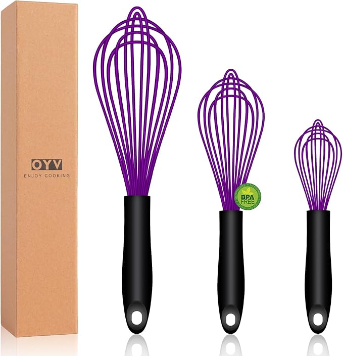 OYV Dishwasher Safe Purple Silicone Whisk, Sealed Waterproof Design Set of 3 by OYV