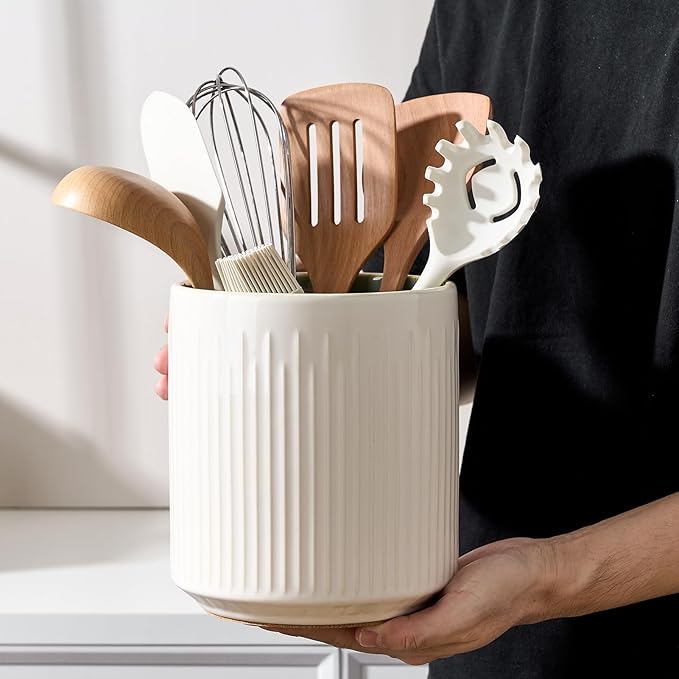 JIEMEI HOME Kitchen Utensil Holder, 7.2" Large Ceramic Stable Utensil Crock - Image 7