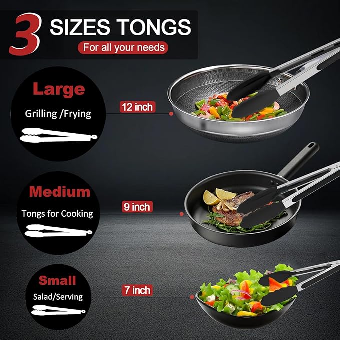 9 Pieces Silicone Tongs for Cooking 7, 12 inches Kitchen Tongs - Image 6