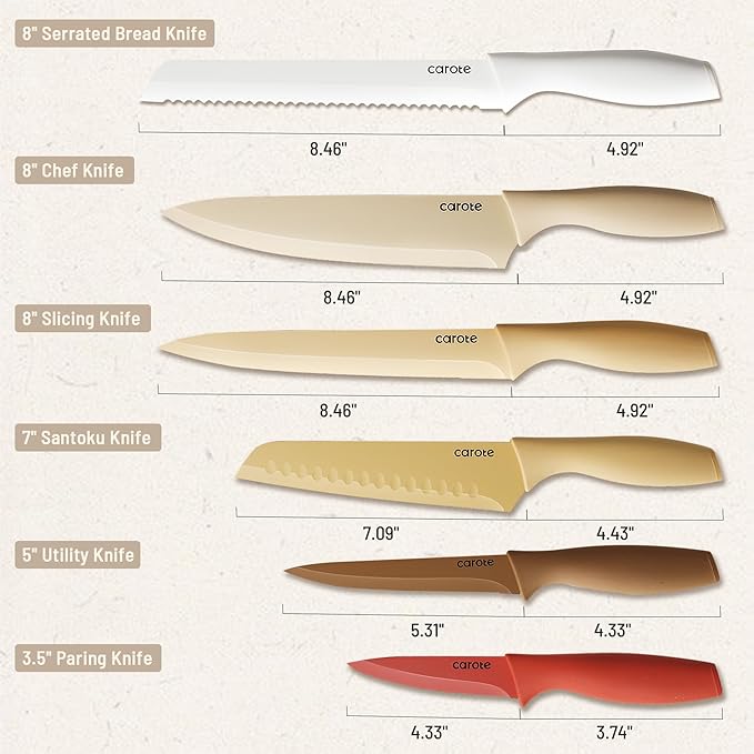 CAROTE Knife Set, 12 Pieces Kitchen Knife Set, 6 Stainless Steel Knives - Image 3