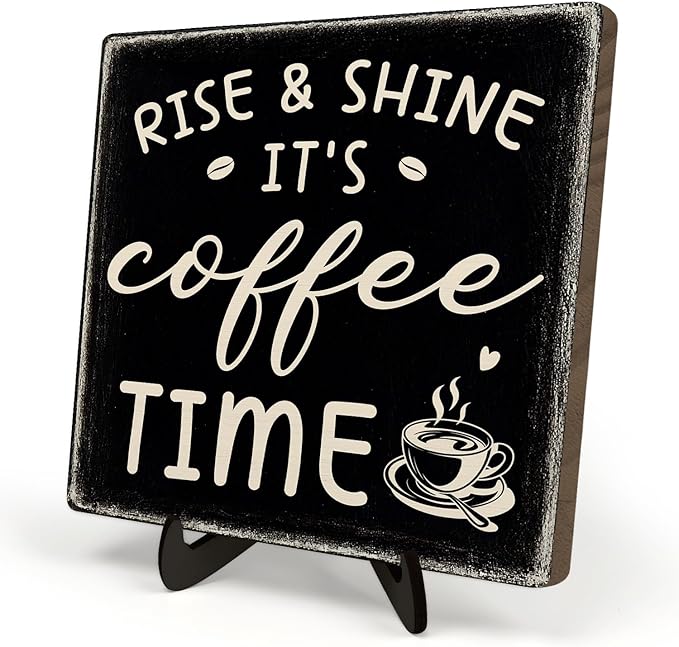 Farmhouse Coffee Bar Sign, Rise & Shine It's Coffee Time Desk Wooden Sign by DMADNF