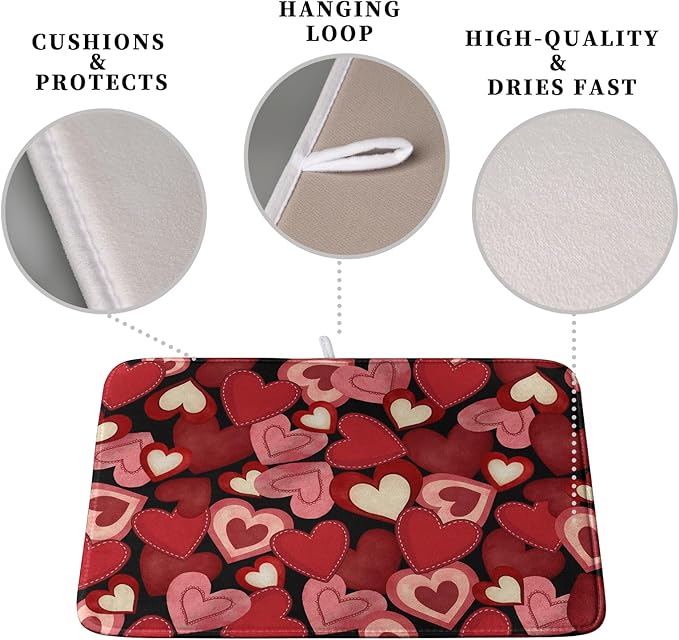 Valentine Dish Drying Mat for Kitchen Counter Red Black Love Heart Drying Pad - Image 3