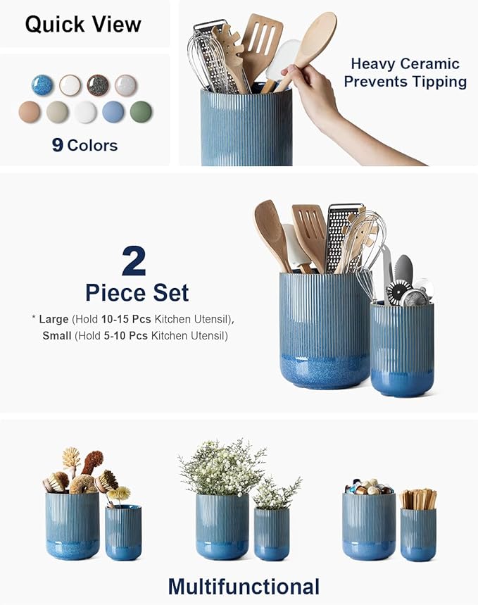 LE TAUCI Utensil Holder for Kitchen Counter, 7.3"+5.4" Fluted Ceramic Utensil - Image 2